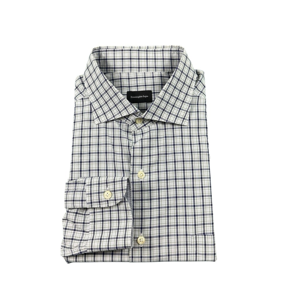 Ermenegildo Zegna White Blue Gray Checked Cotton L/S Button Front Size XL